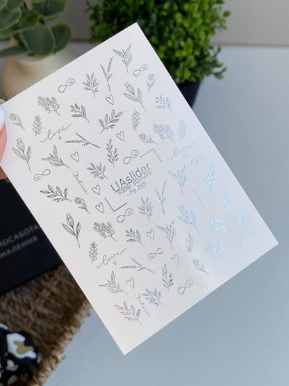 Köröm víz matrica Fs-255 | Romantikus vízcsúszós köröm matricák | Ezüst fólia levelek, szívek és szavak