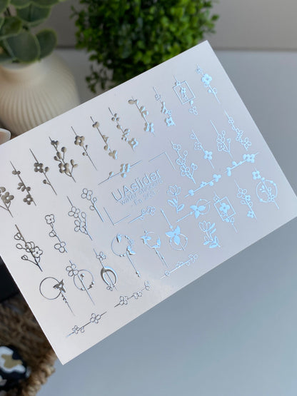 Nail Water Decal Fs-263 | Floral Water Slide Nail Decals | Silver Foil Minimalist Flowers & Branches