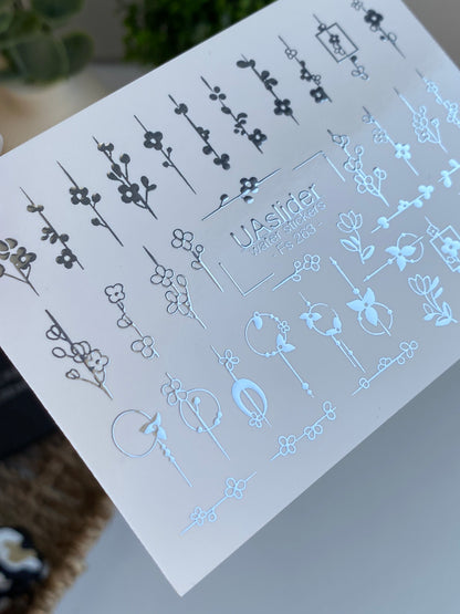 Nail Water Decal Fs-263 | Floral Water Slide Nail Decals | Silver Foil Minimalist Flowers & Branches