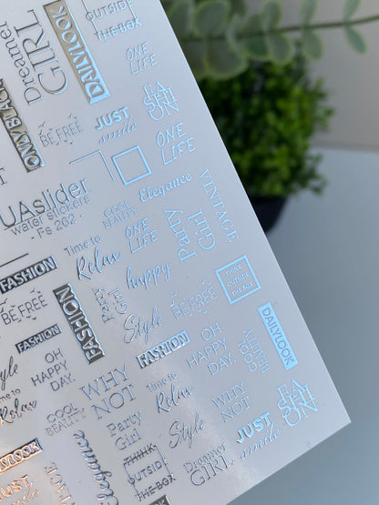 Nail Water Decal Fs-262 | Fashion Text Water Slide Nail Decals | Silver Foil Words & Trendy Phrases