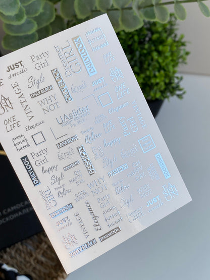 Nail Water Decal Fs-262 | Fashion Text Water Slide Nail Decals | Silver Foil Words & Trendy Phrases
