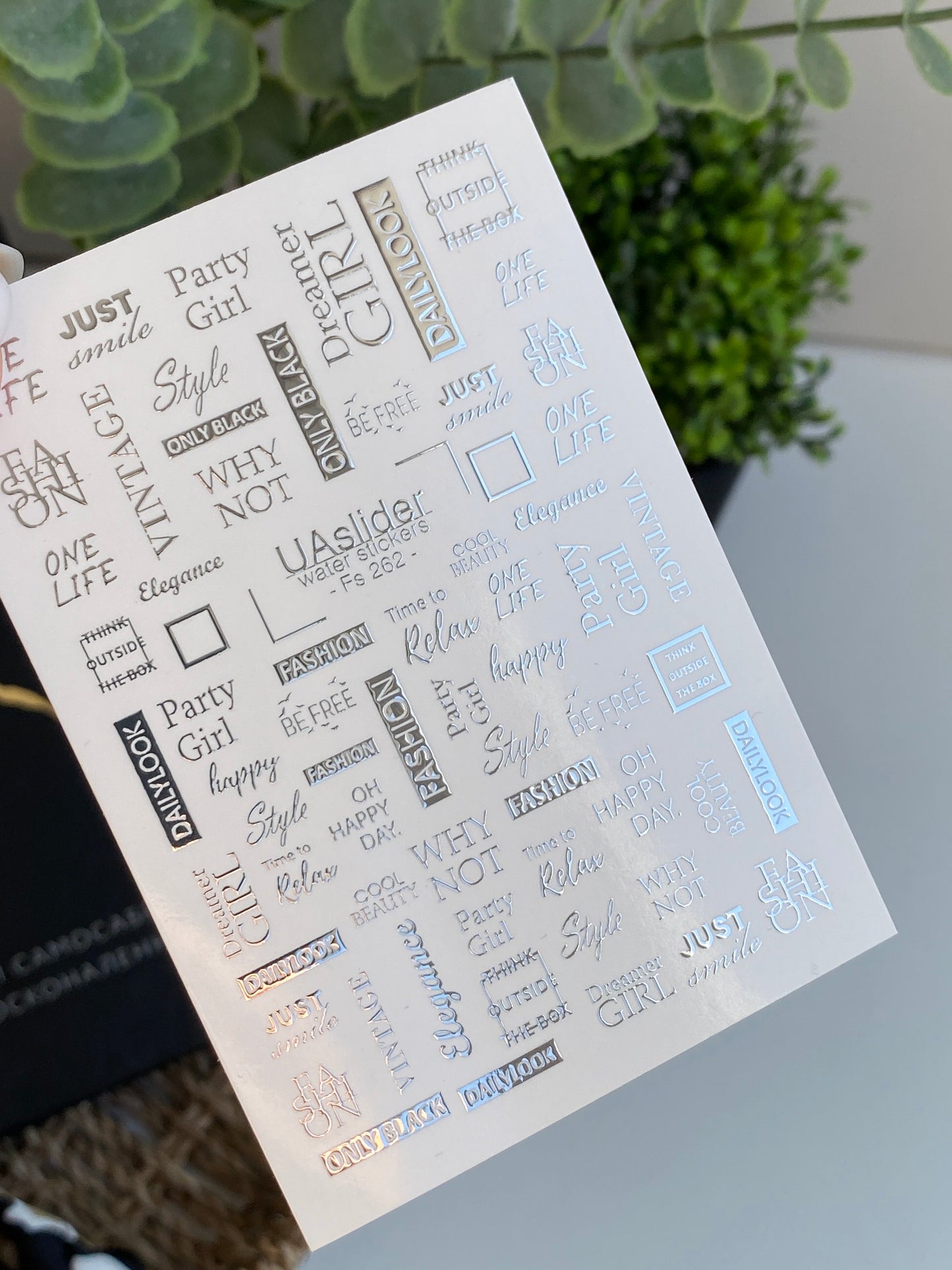 Nail Water Decal Fs-262 | Fashion Text Water Slide Nail Decals | Silver Foil Words & Trendy Phrases