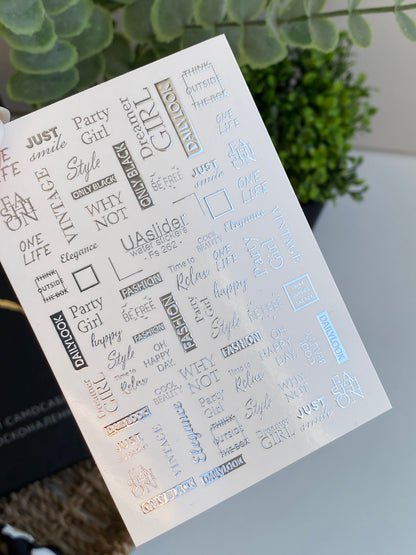 Nail Water Decal Fs-262 | Fashion Text Water Slide Nail Decals | Silver Foil Words & Trendy Phrases