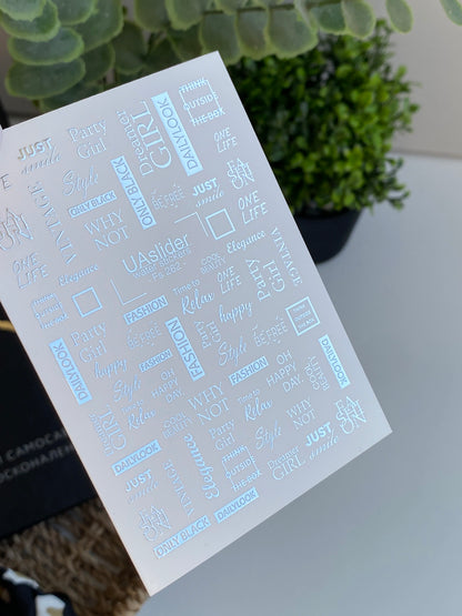 Nail Water Decal Fs-262 | Fashion Text Water Slide Nail Decals | Silver Foil Words & Trendy Phrases