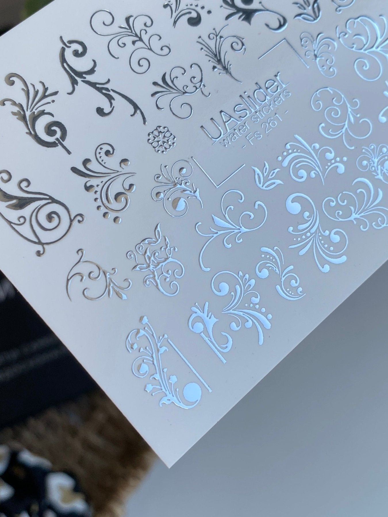 Nail Water Decal Fs-261 | Ornamental Water Slide Nail Decals | Silver Foil Vintage Swirls & Flourishes - UASLIDER
