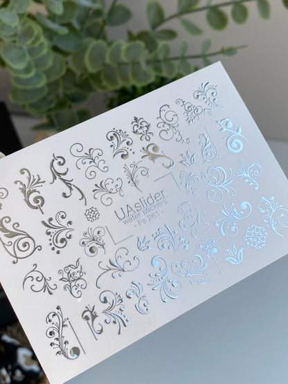 Nail Water Decal Fs-261 | Ornamental Water Slide Nail Decals | Silver Foil Vintage Swirls & Flourishes