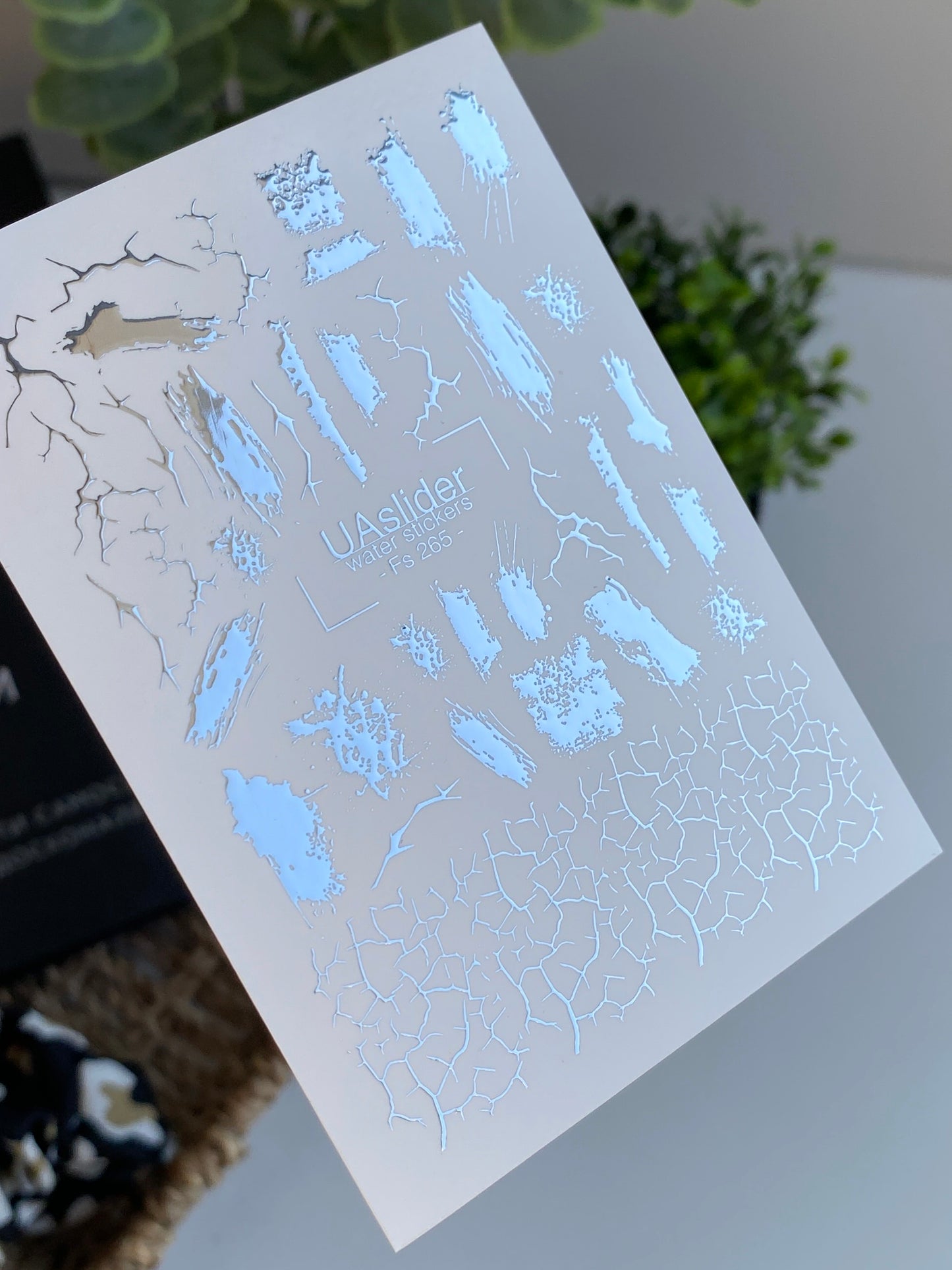 Nail Water Decal Fs-265 | Abstract Water Slide Nail Decals | Silver Foil Brush Strokes & Cracked Texture