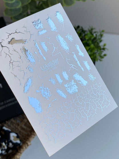 Nail Water Decal Fs-265 | Abstract Water Slide Nail Decals | Silver Foil Brush Strokes & Cracked Texture