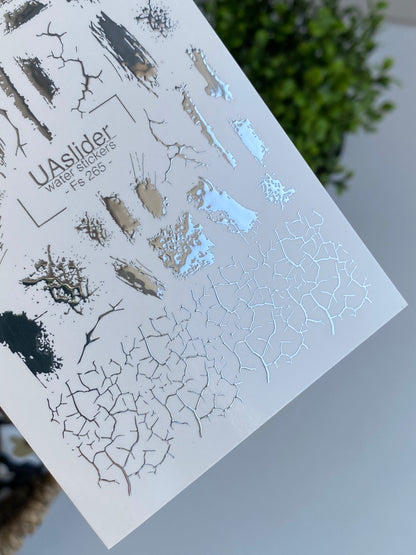 Nail Water Decal Fs-265 | Abstract Water Slide Nail Decals | Silver Foil Brush Strokes & Cracked Texture