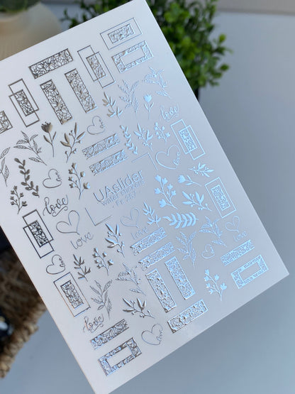 Nail Water Decal Fs-257 | Romantic Water Slide Nail Decals | Silver Foil Love, Hearts & Floral Frames