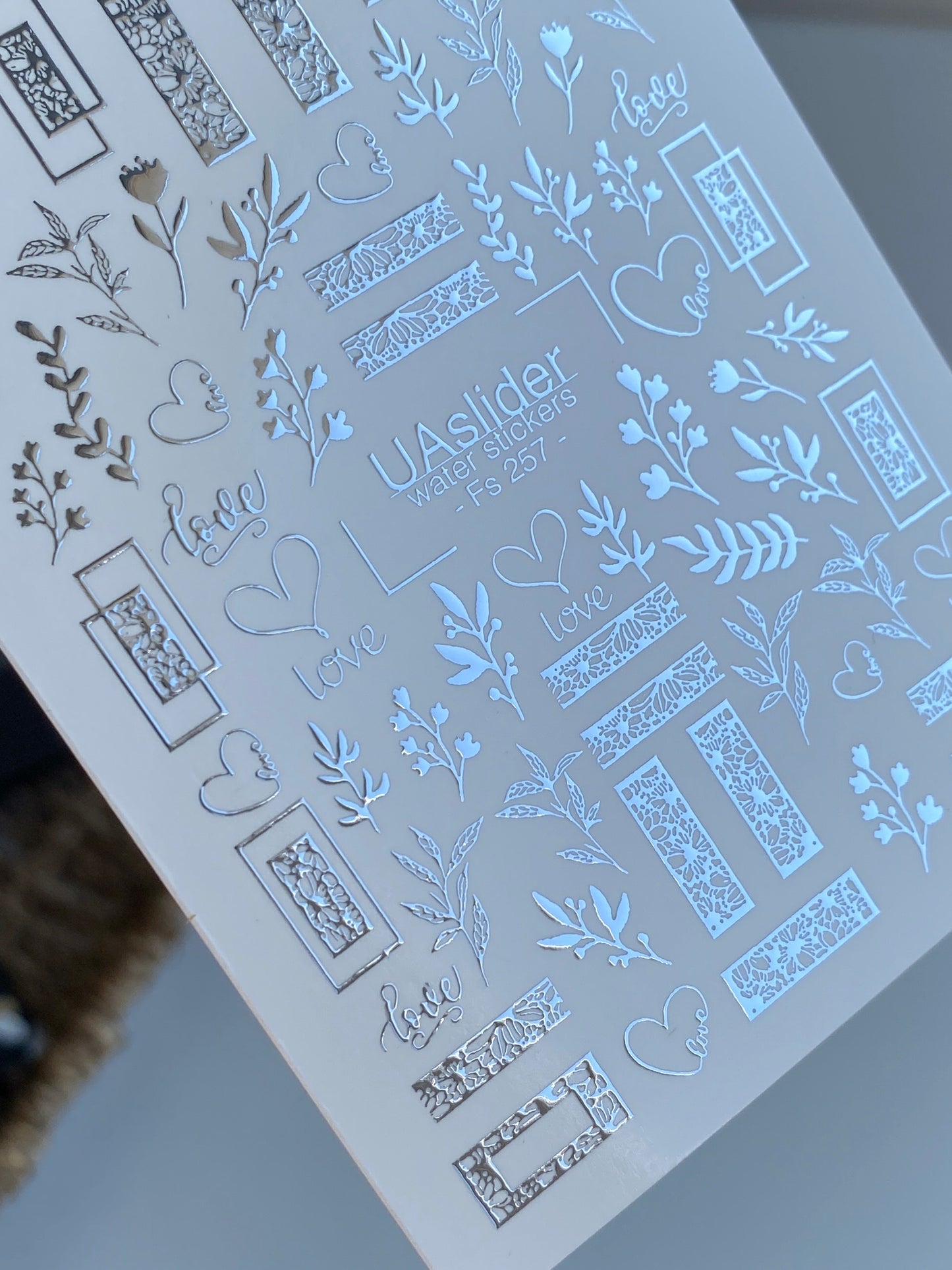 Nail Water Decal Fs-257 | Romantic Water Slide Nail Decals | Silver Foil Love, Hearts & Floral Frames