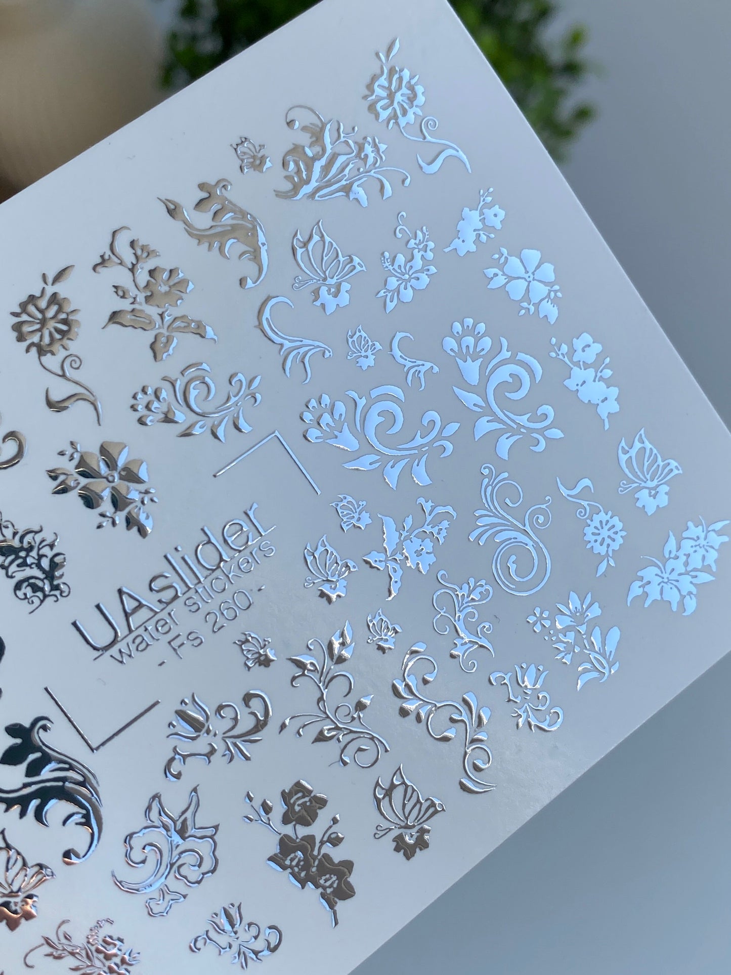 Nail Water Decal Fs-260 | Ornamental Water Slide Nail Decals | Silver Foil Floral Swirls & Patterns