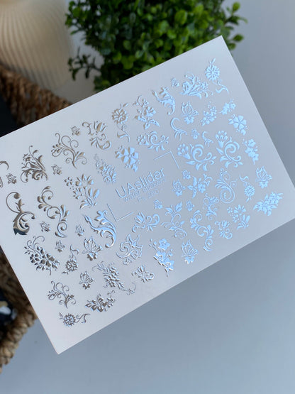 Nail Water Decal Fs-260 | Ornamental Water Slide Nail Decals | Silver Foil Floral Swirls & Patterns