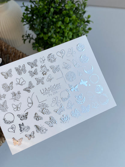 Décalcomanie d'eau pour ongles Fs-258 | Décalcomanies d'eau pour ongles papillon | Papillons floraux en feuille d'argent & cœurs