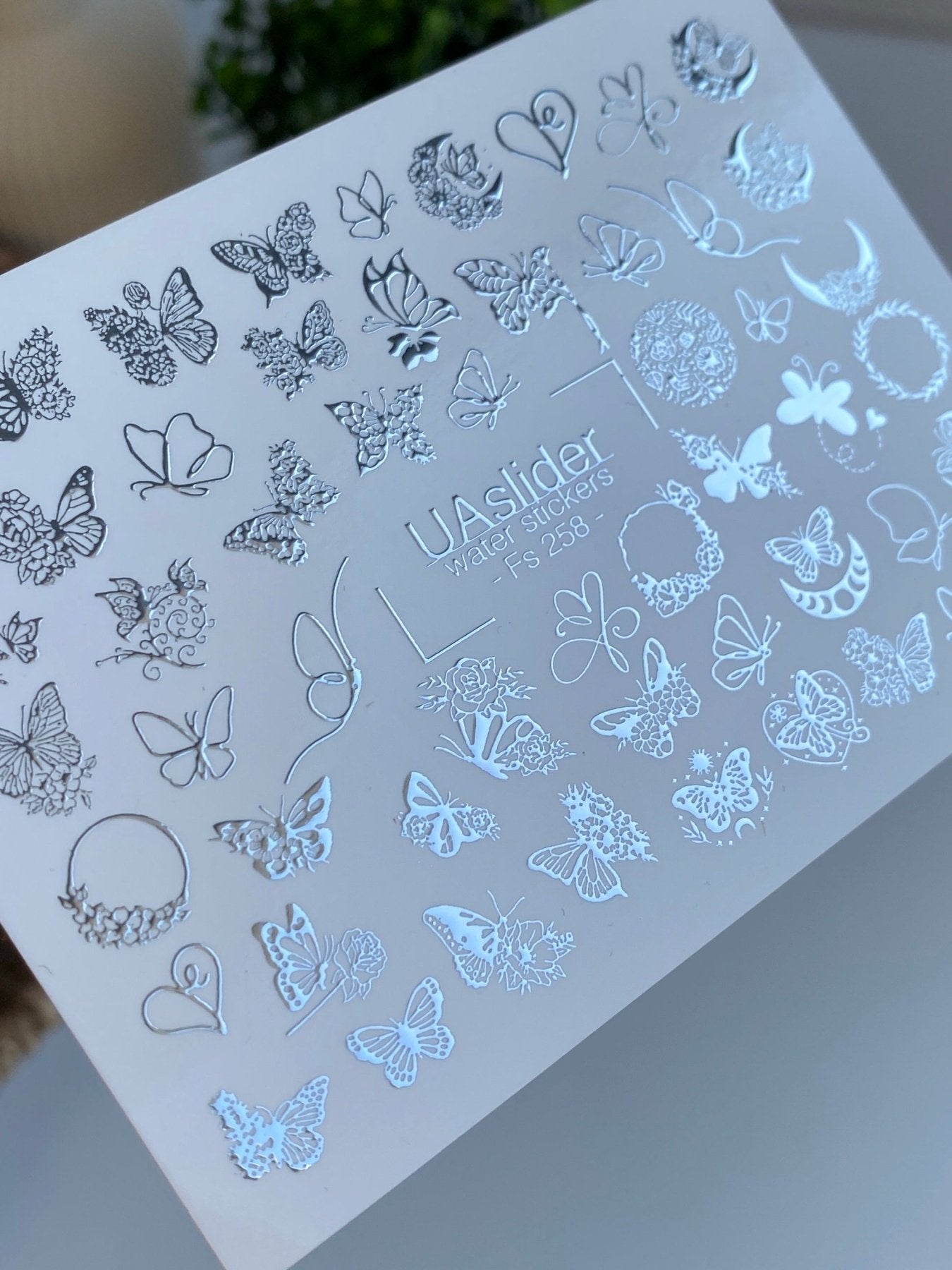 Nail Water Decal Fs-258 | Butterfly Water Slide Nail Decals | Silver Foil Floral Butterflies & Hearts - UASLIDER