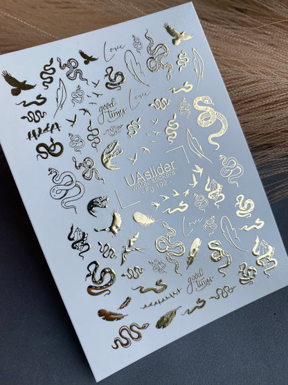 Nail Water Decal Fg-192 | Gold Foil Water Slide Nail Decals | Snakes, Birds & Mystical Designs