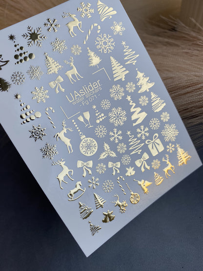 Nail Water Decal Fg-071 | Gold Foil Water Slide Nail Decals | Christmas Trees & Snowflakes