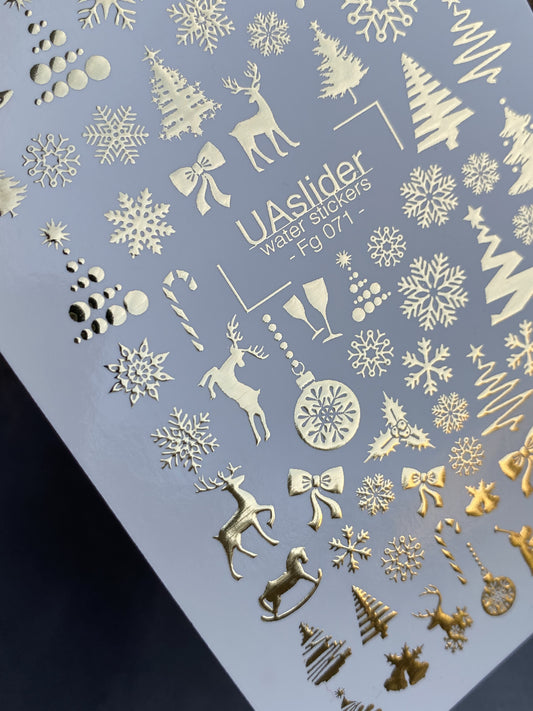 Nail Water Decal Fg-071 | Gold Foil Water Slide Nail Decals | Christmas Trees & Snowflakes