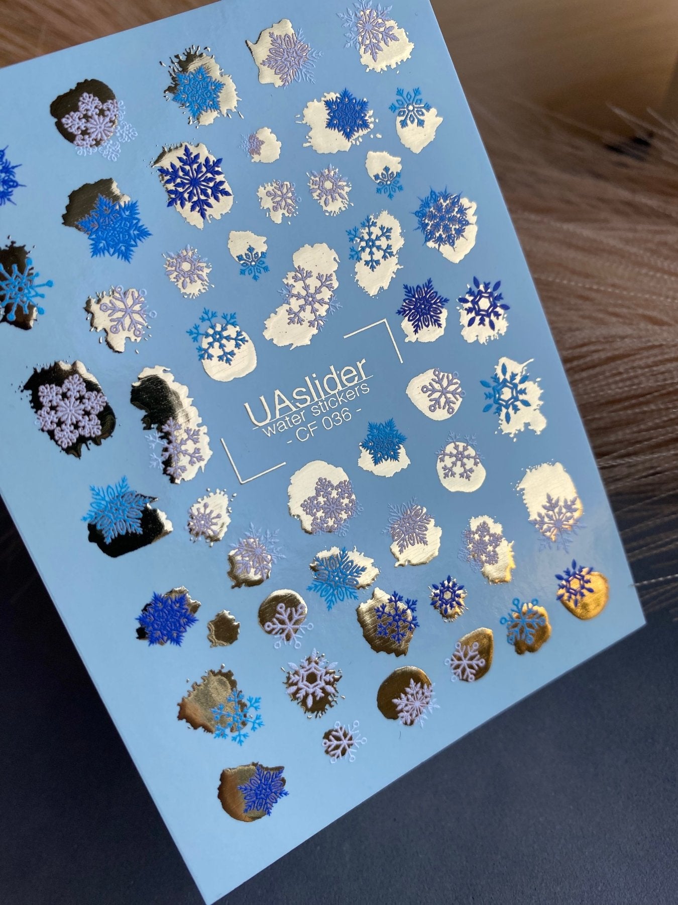Nail Water Decal CF-036 | Winter Snowflake Water Slide Nail Decals | Blue, White & Gold Foil Accents - UASLIDER