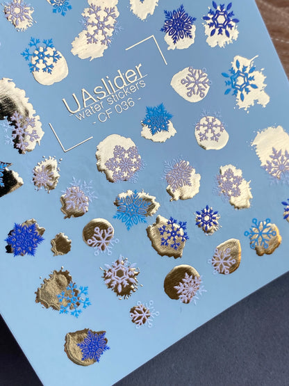 Nail Water Decal CF-036 | Winter Snowflake Water Slide Nail Decals | Blue, White & Gold Foil Accents