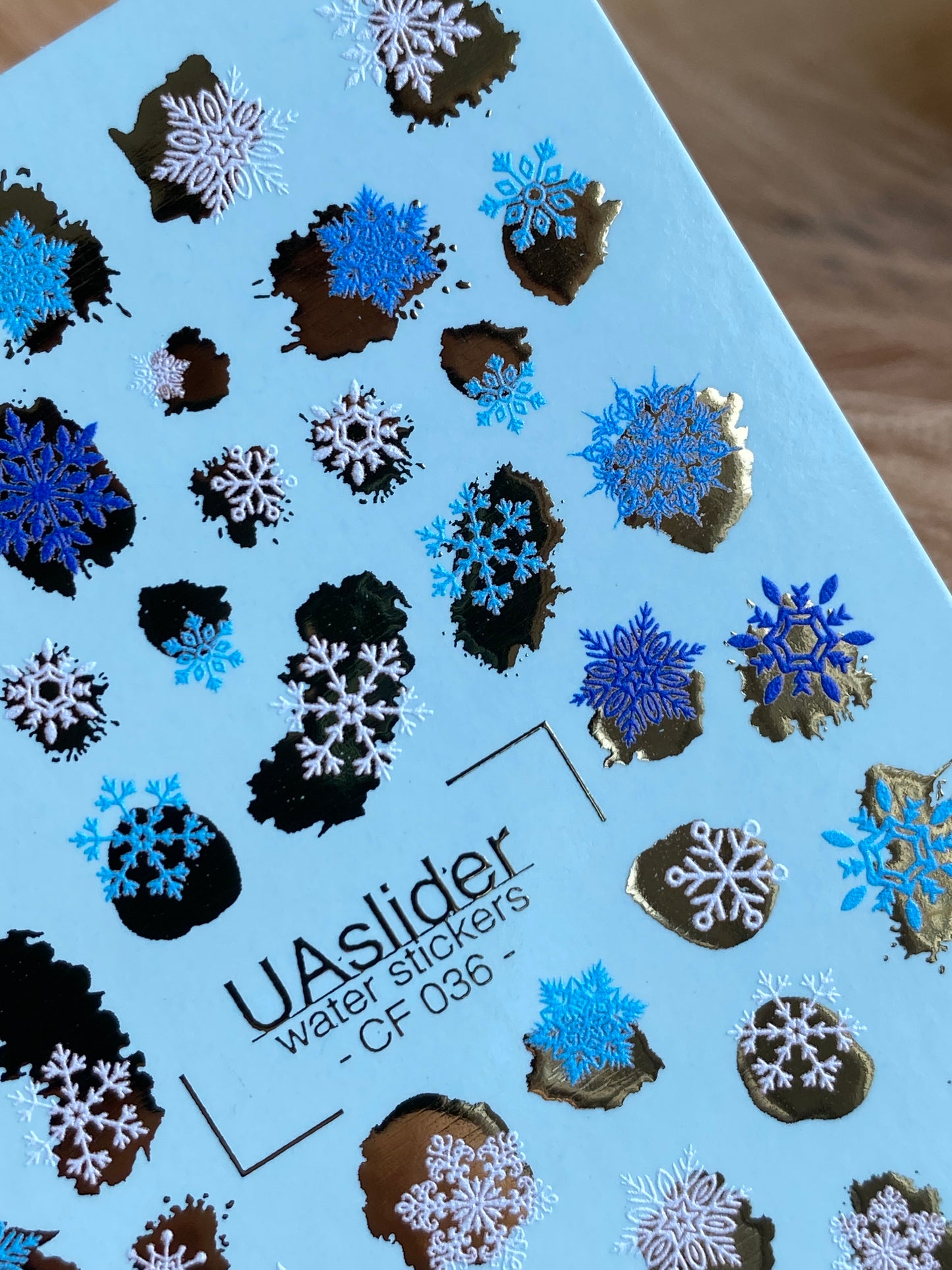 Nail Water Decal CF-036 | Winter Snowflake Water Slide Nail Decals | Blue, White & Gold Foil Accents