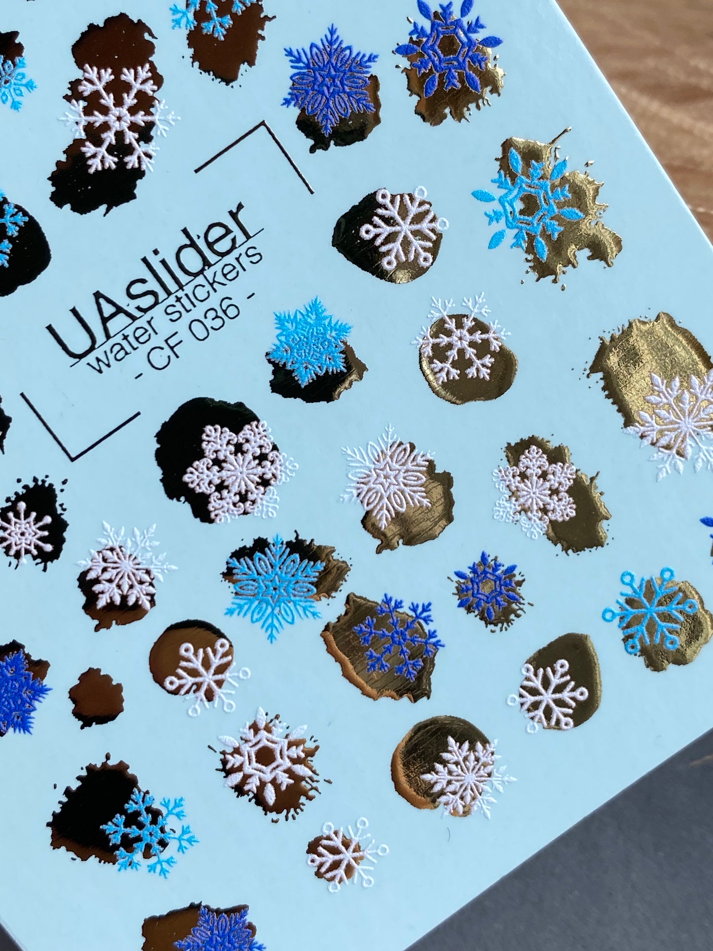 Nail Water Decal CF-036 | Winter Snowflake Water Slide Nail Decals | Blue, White & Gold Foil Accents