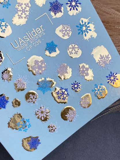 Nail Water Decal CF-036 | Winter Snowflake Water Slide Nail Decals | Blue, White & Gold Foil Accents