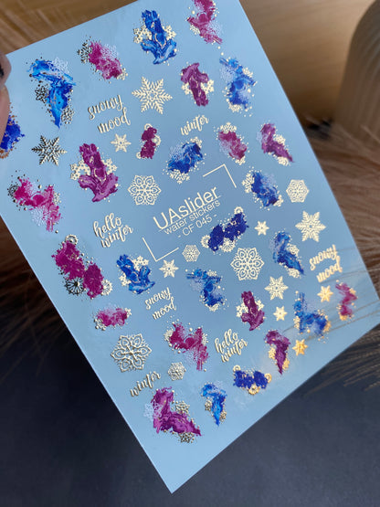 Nail Water Decal CF-045 | Winter Nail Water Decals | Abstract Splashes, Snowflakes, Gold Foil