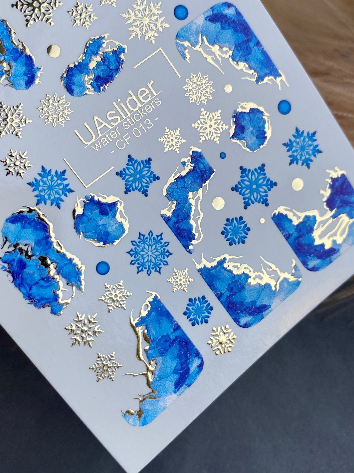 Nail Water Decal CF-013 | Marble Water Slide Nail Decals, Blue Stone Textures with Gold Foil and Snowflakes - UASLIDER