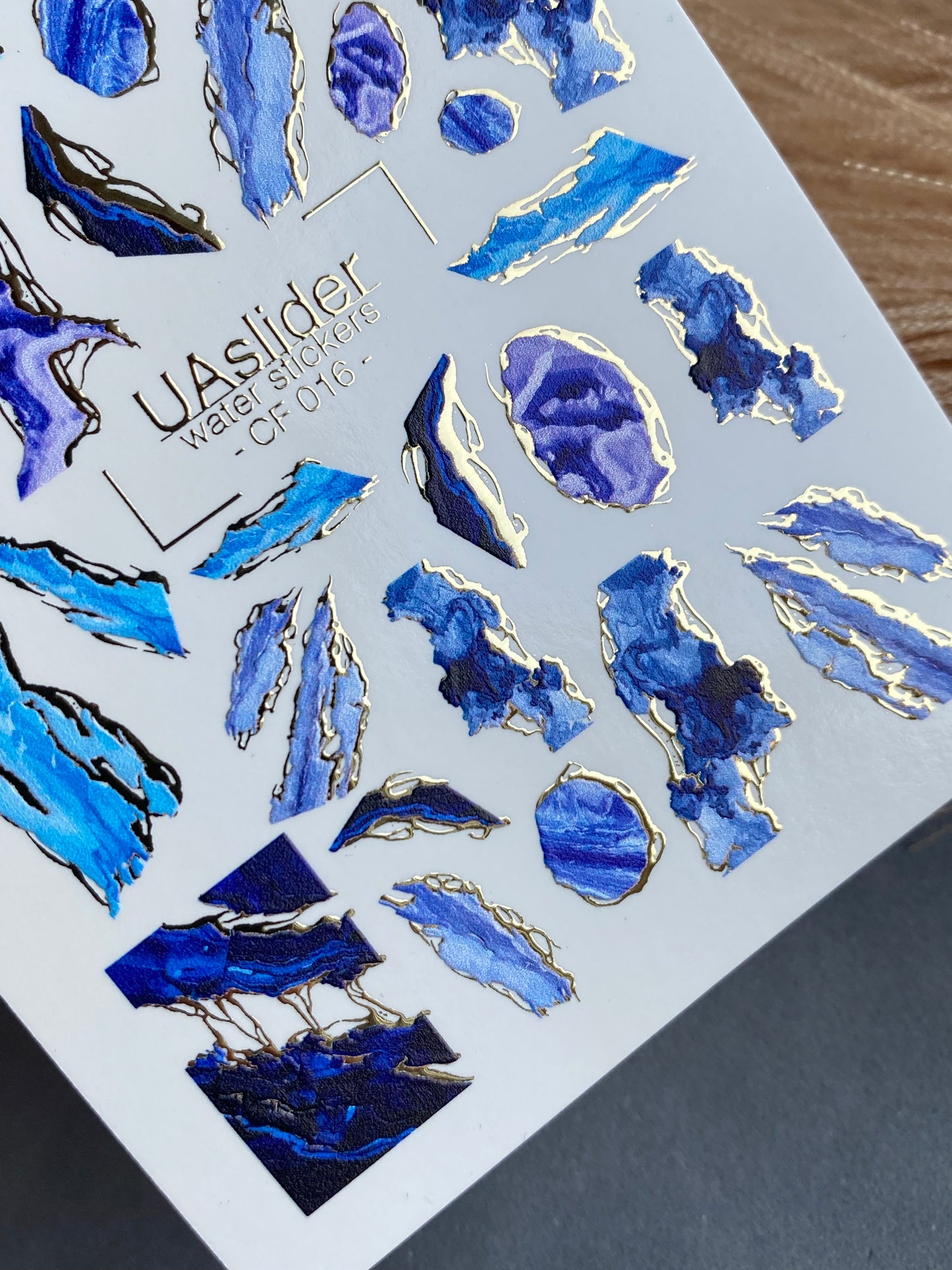 Nail Water Decal CF-016 | Marble Water Slide Nail Decals, Blue and Navy Stone Textures with Gold Foil