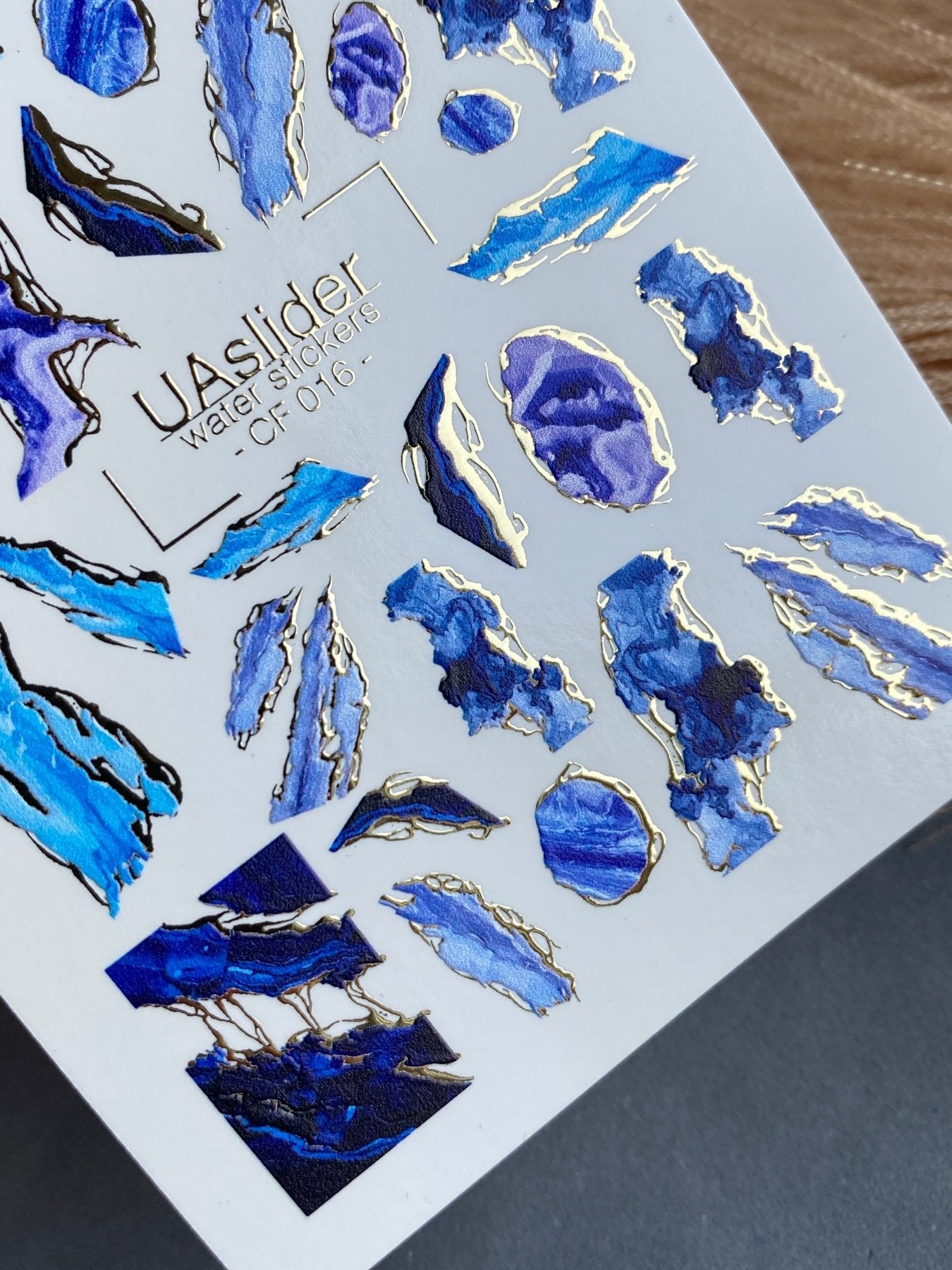 Nail Water Decal CF-016 | Marble Water Slide Nail Decals, Blue and Navy Stone Textures with Gold Foil - UASLIDER
