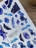 Nail Water Decal CF-016 | Marble Water Slide Nail Decals, Blue and Navy Stone Textures with Gold Foil - UASLIDER