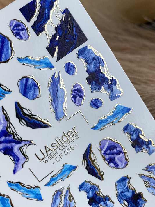 Nail Water Decal CF-016 | Marble Water Slide Nail Decals, Blue and Navy Stone Textures with Gold Foil