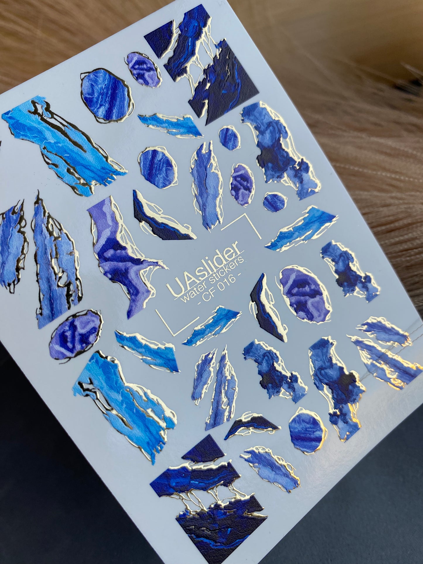 Nail Water Decal CF-016 | Marble Water Slide Nail Decals, Blue and Navy Stone Textures with Gold Foil