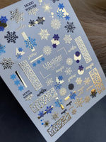 Nail Water Decal CF-040 | Winter Water Slide Nail Decals | Blue Snowflakes & Gold Foil Ornaments - UASLIDER