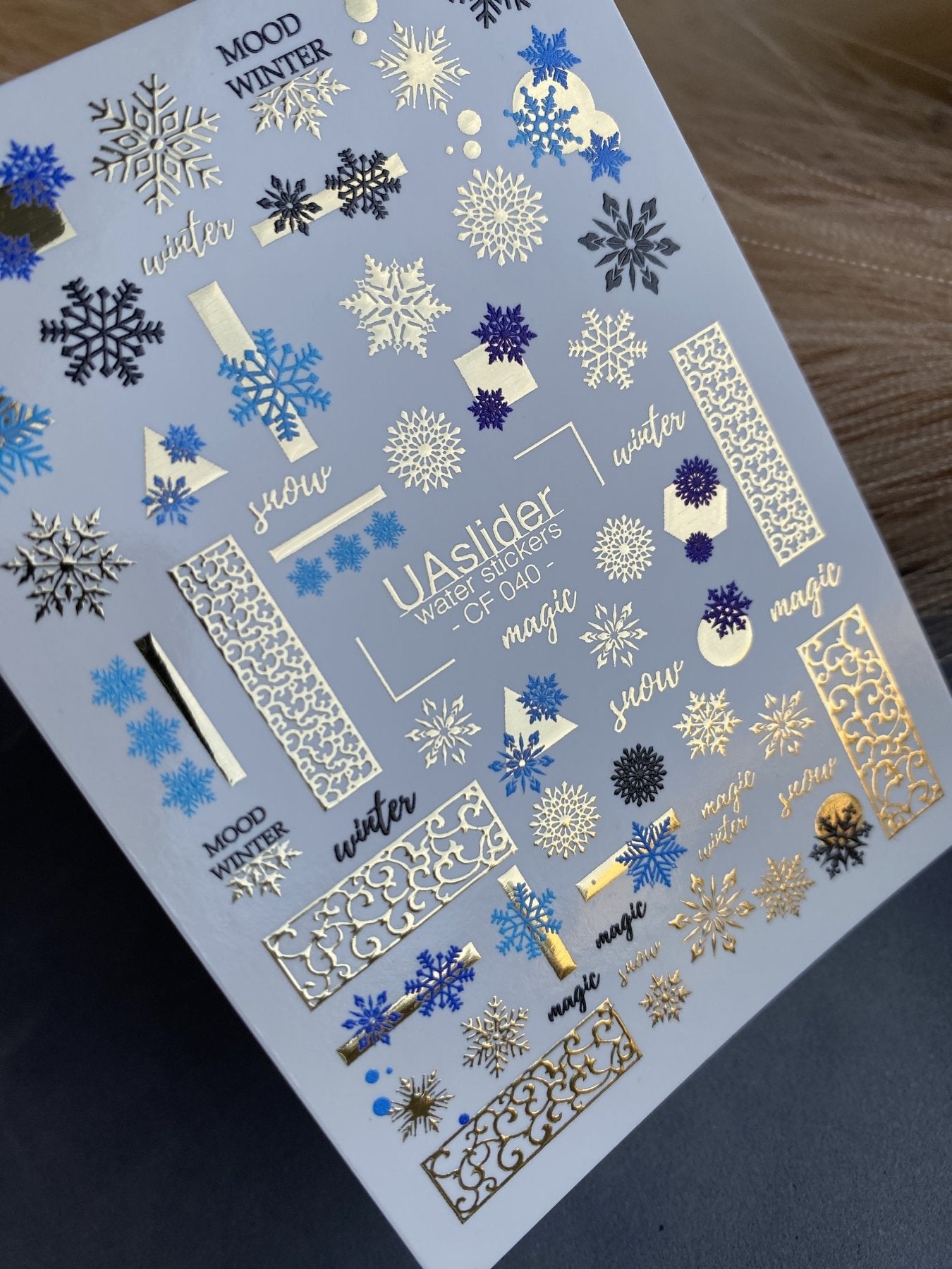 Nail Water Decal CF-040 | Winter Water Slide Nail Decals | Blue Snowflakes & Gold Foil Ornaments - UASLIDER