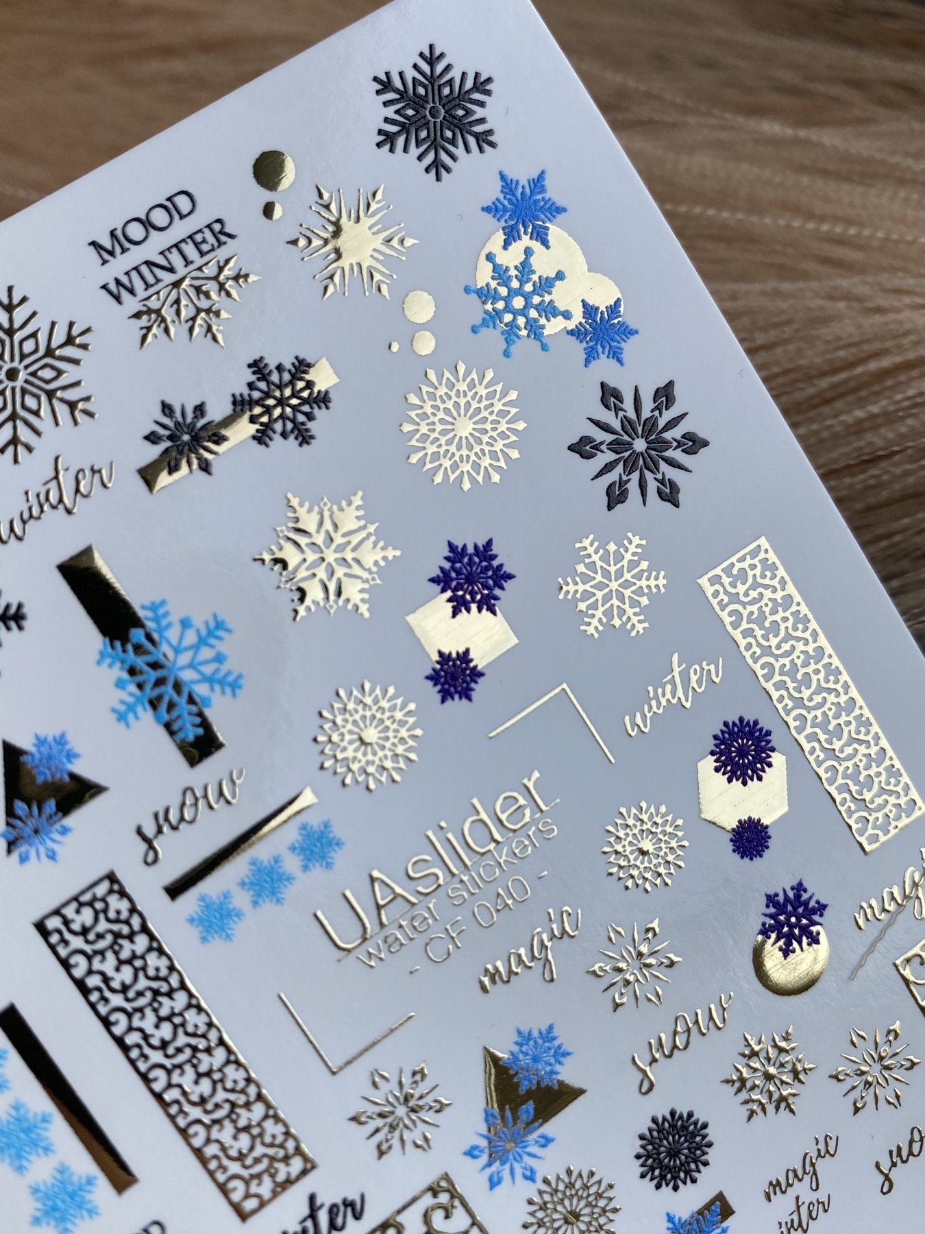 Nail Water Decal CF-040 | Winter Water Slide Nail Decals | Blue Snowflakes & Gold Foil Ornaments - UASLIDER