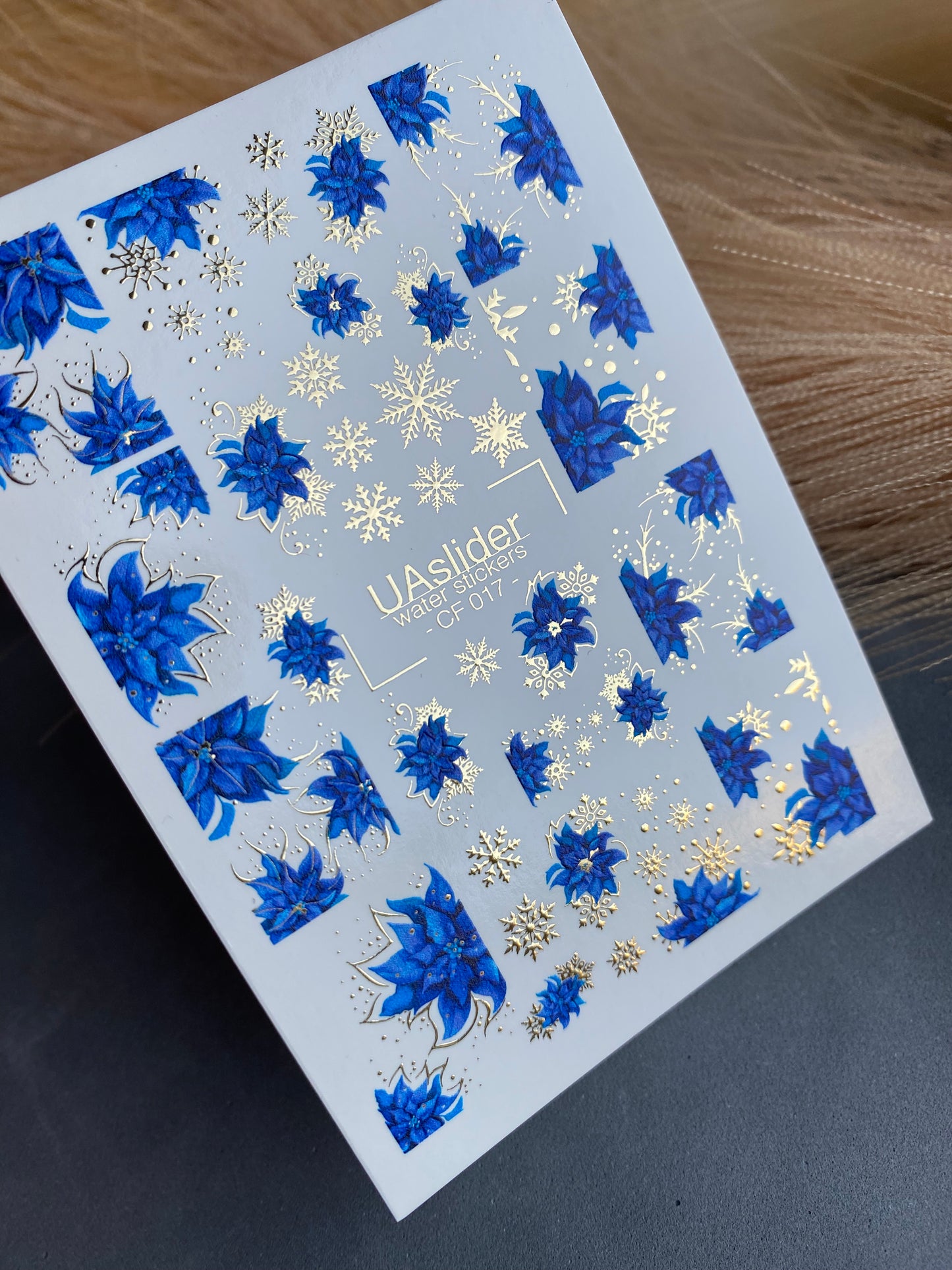 Nail Water Decal CF-017 | Poinsettia Water Slide Nail Decals, Blue Christmas Flowers with Gold Foil Snowflakes