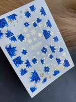 Nail Water Decal CF-017 | Poinsettia Water Slide Nail Decals, Blue Christmas Flowers with Gold Foil Snowflakes - UASLIDER