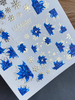 Nail Water Decal CF-017 | Poinsettia Water Slide Nail Decals, Blue Christmas Flowers with Gold Foil Snowflakes - UASLIDER