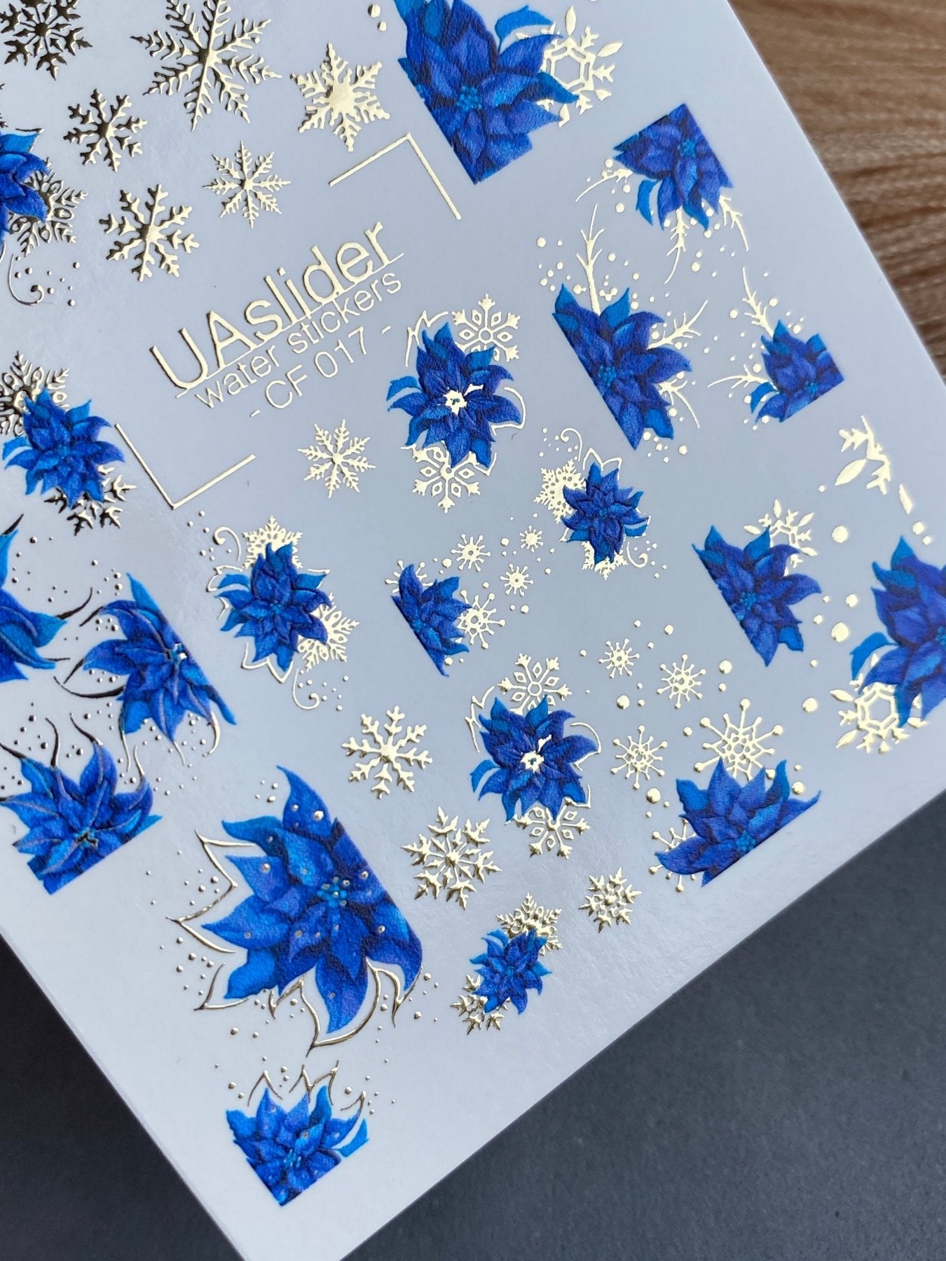 Nail Water Decal CF-017 | Poinsettia Water Slide Nail Decals, Blue Christmas Flowers with Gold Foil Snowflakes - UASLIDER