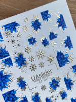Nail Water Decal CF-017 | Poinsettia Water Slide Nail Decals, Blue Christmas Flowers with Gold Foil Snowflakes - UASLIDER