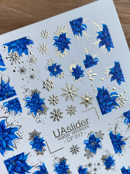 Nail Water Decal CF-017 | Poinsettia Water Slide Nail Decals, Blue Christmas Flowers with Gold Foil Snowflakes