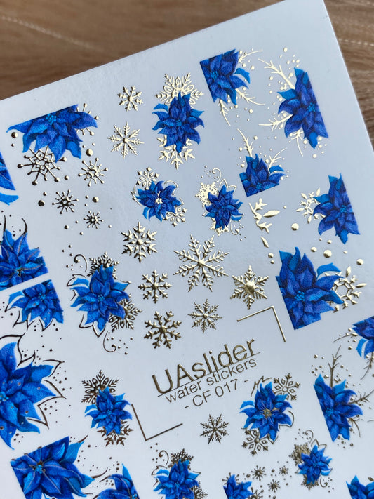 Nail Water Decal CF-017 | Poinsettia Water Slide Nail Decals, Blue Christmas Flowers with Gold Foil Snowflakes