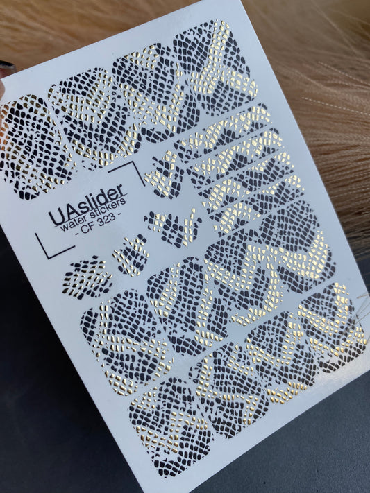 Nail Water Decal CF-323 | Snake Skin Nail Water Decals | Black & Gold Snake Print Nail Stickers