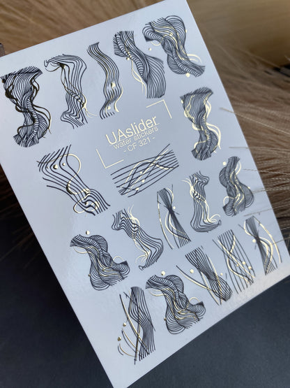 ملصقات مائية للأظافر CF-321 | ملصقات مائية للأظافر بفن الخطوط التجريدي | ملصقات أظافر سوداء وذهبية بسيطة