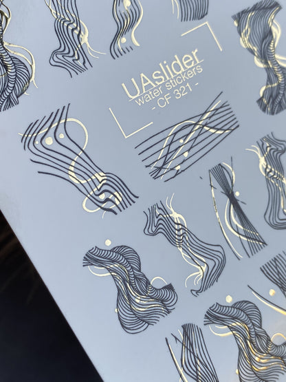 ملصقات مائية للأظافر CF-321 | ملصقات مائية للأظافر بفن الخطوط التجريدي | ملصقات أظافر سوداء وذهبية بسيطة