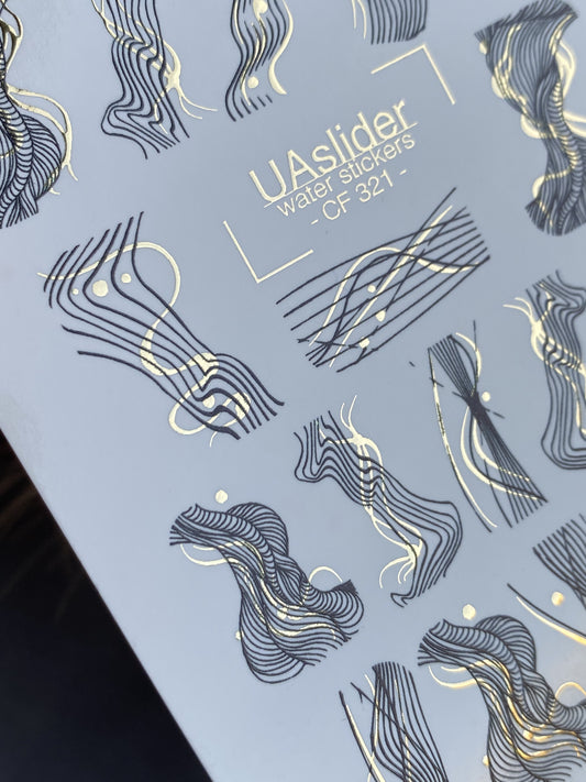 Nail Water Decal CF-321 | Abstract Line Art Nail Water Decals | Black & Gold Minimalist Nail Stickers