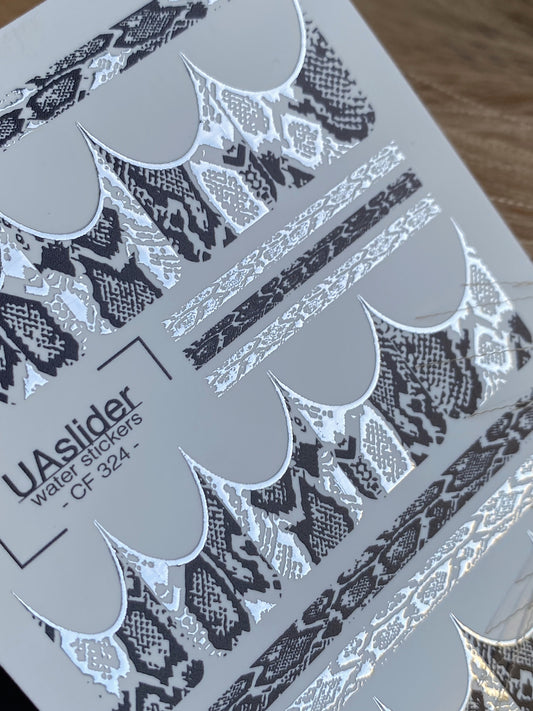 Nail Water Decal CF-324 | Snake Skin Nail Water Decals | Black & Silver Snake Print Nail Stickers