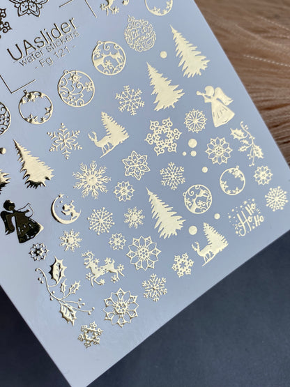 Decalcomanii de apă pentru unghii Fg-121 | Decalcomanii pentru unghii cu alunecare pe apă cu fulgi de zăpadă aurii și brazi de Crăciun | Sărbători festive